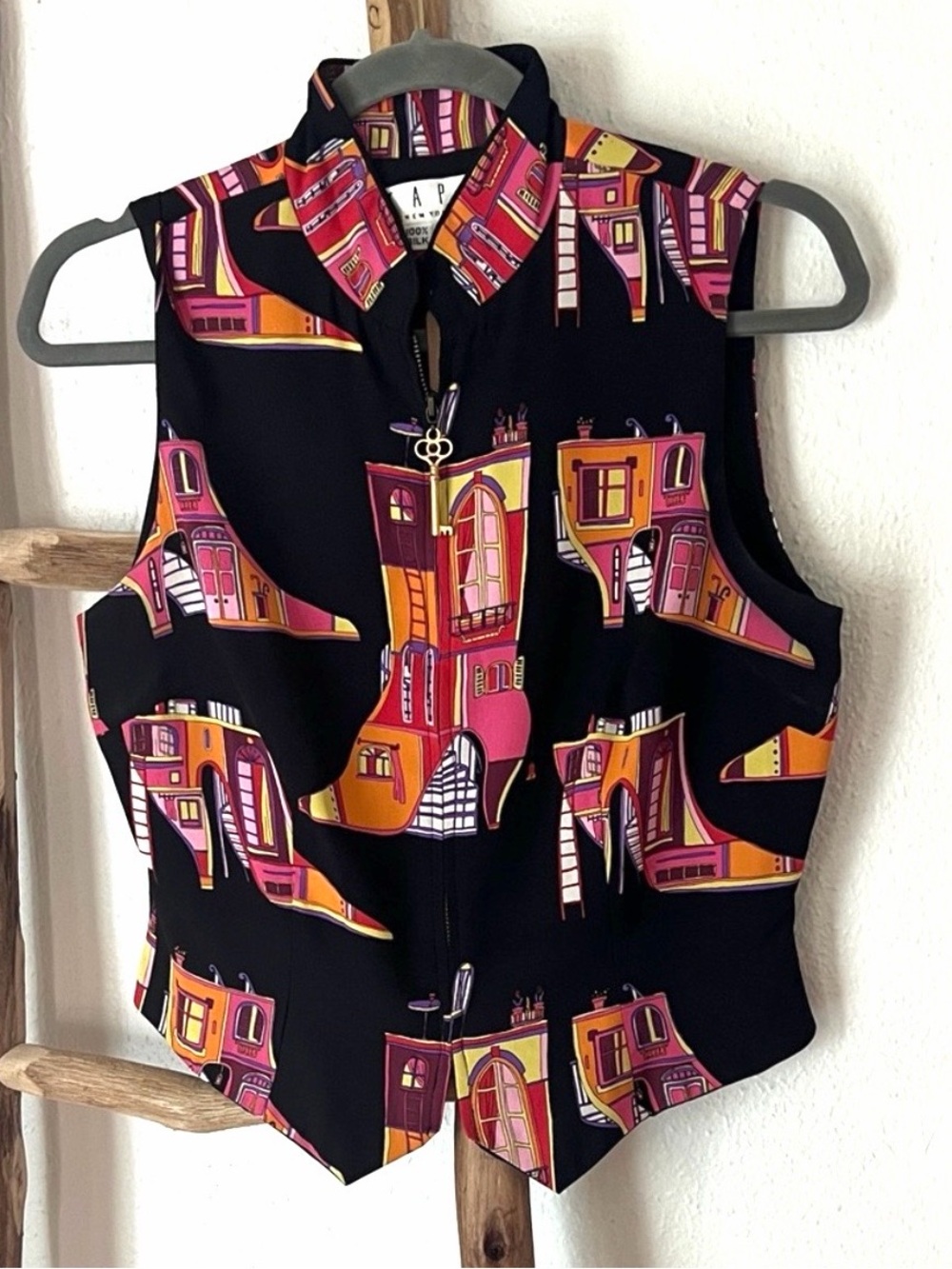 Tapp colorful Graphic Shoe Boot Print Women's Zip Whimsical Silk Vest Medium